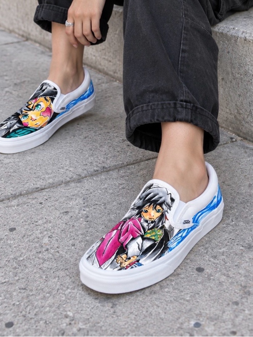 Vans Slip-On sneakers, Women’s 6.5 / Men’s 5, featuring custom anime artwork